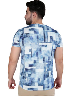 Camiseta Básica Estampada Abstract Azul/Branco