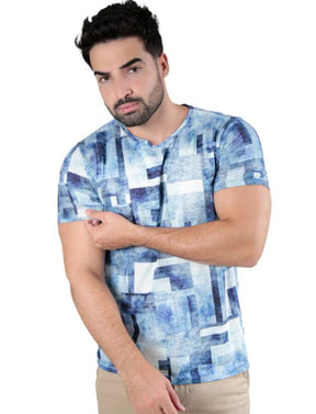 Camiseta Básica Estampada Abstract Azul/Branco